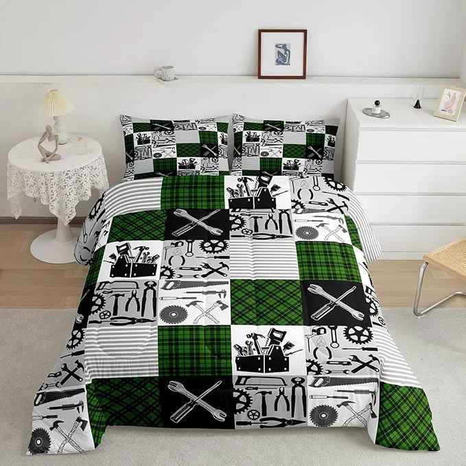 Quality Kids Boys Car Comforter Set Farmhouse Gingham Check Bedding Set Wrench Repair Outfit Bedding Home Decor Green Black Comforter Full Size 3 Pieces Quilted Duvet Set with 2 Pillowcase High-Performance