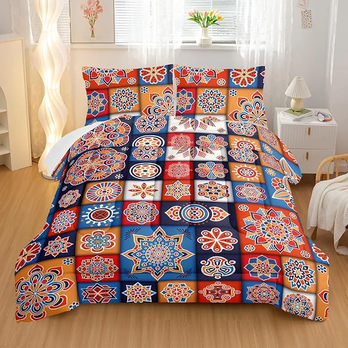 Exclusive Modern Bohemia Comforter Sets Queen Size Square Montage Pattern Bedding Set for Your Room Abstract Soft Lightweight Quilted Set All Season 1 Comforter and 2 Pillowcases Responsible