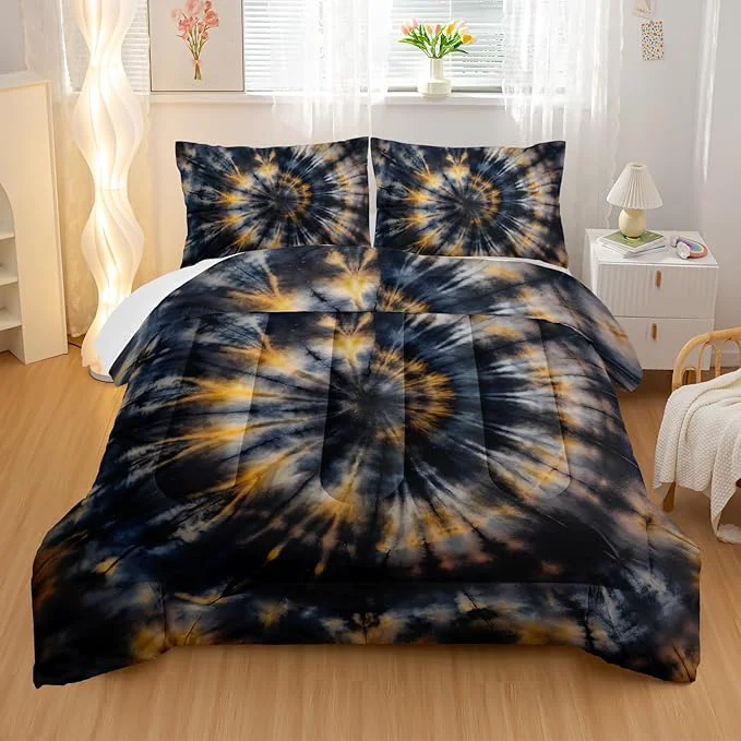 Relaxed Dark Tie Dye Comforter Sets Twin Size Yellow Fission Graffiti Bedding Set for Your Room Abstract Soft Lightweight Quilted Set All Season 1 Comforter and 2 Pillowcases Practical