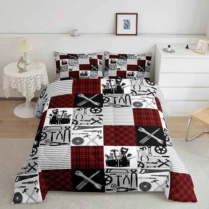 Advanced Kids Boys Car Bedding Set King Size Farmhouse Gingham Check Comforter Wrench Repair Outfit Comforter Set Red Black Duvet Set 3Pcs Quilt Set 1 Comforter Set with 2 Pillowcase Natural