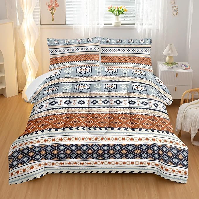 High-Grade Off White Bohemian Comforter Sets King Size Tribal Geometric Bedding Set for Your Room Abstract Soft Lightweight Quilted Set All Season 1 Comforter and 2 Pillowcases Consistent