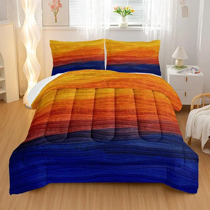 Premium Geometric Splicing Comforter Sets Full Size Orange and Blue Graffiti Bedding Set for Your Room Abstract Soft Lightweight Quilted Set All Season 1 Comforter and 2 Pillowcases Exclusive