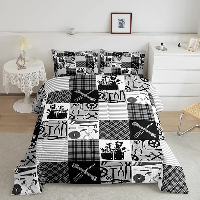 Next-Generation Castle Fairy Kids Boys Truck Bedding Set Full Size Wrench Repair Outfit Comforter Farmhouse Gingham Check Comforter Set Gray White Duvet Set 3Pcs Quilt Set 1 Comforter Set with 2 Pillowcase Organic