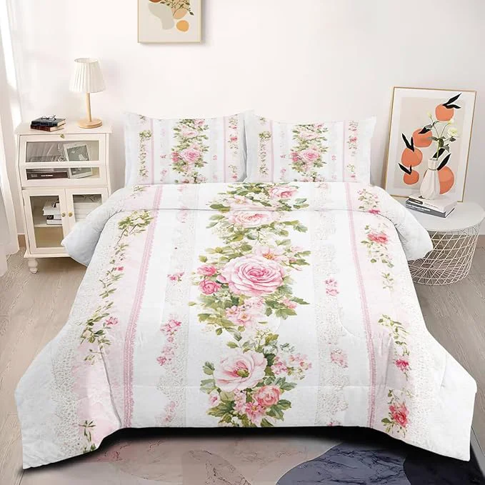 Clean Women Girls Romantic Roses Floral Comforter Set Twin Size 2-Piece Pink Stripe Comforter Sets 1 Comforter 68 quot x 90 quot 1 Pillowcase Soft Microfiber Reusable
