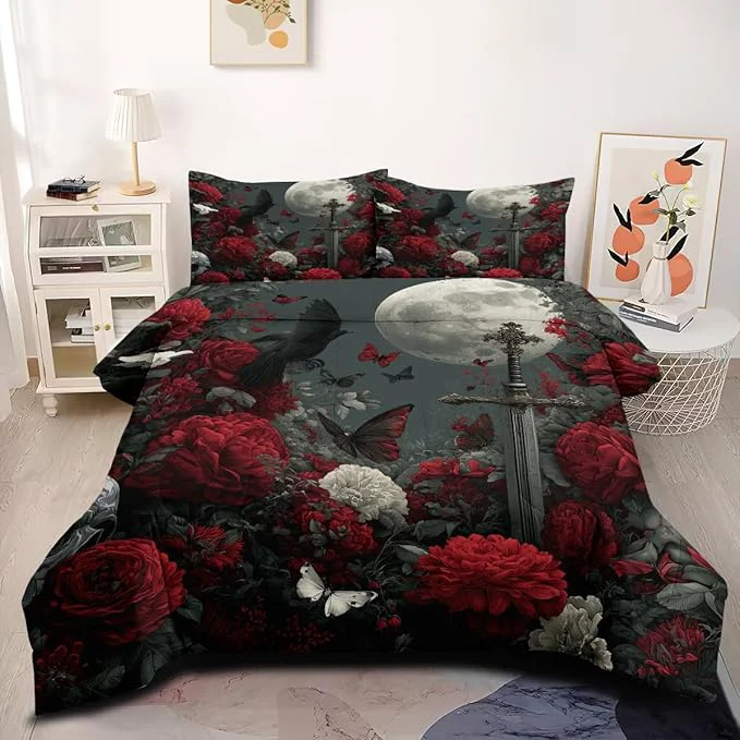 Safe Queen Size Victorian Botanical Floral Bedding Sets 5Pcs Crows Moon Sword Butterfly Bed in A Bag 1 Comforter 90 quot x90 quot and 2 Pillowcases 1 Fitted Sheet 1 Flat Sheet 2 Pillow Shams Green