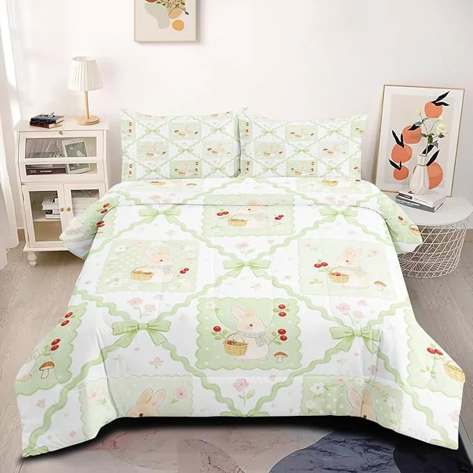 Healthy 3Pcs Green Bunny Animal Bedding Set for Girls Women Cartoon Rabbit Comforter Set Queen Size Cute Cherry Pattern Bed Set for Bedroom Decor with Comforter 90 quot x 90 quot and 2 Pillowcases Superior