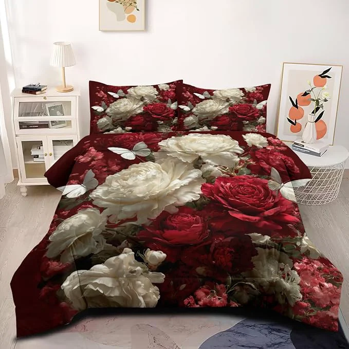 Professional Women Victorian Red and White Rose Comforter Set 5-Piece King Size White Butterfly Bedding Sets 1 Comforter 104 quot x90 quot and 2 Pillowcases 1 Fitted Sheet 1 Flat Sheet Versatile