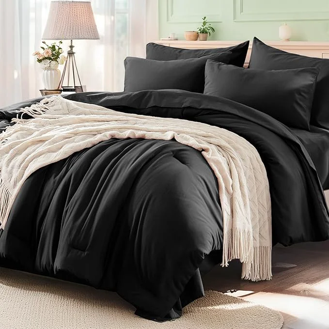 Trusted Anluoer Black California King Comforter Set 7 Pieces Bed in a Bag with Sheets All Season Bedding Sets with 1 Comforter 2 Pillow Shams 2 Pillowcases 1 Flat Sheet 1 Fitted Sheet Refined