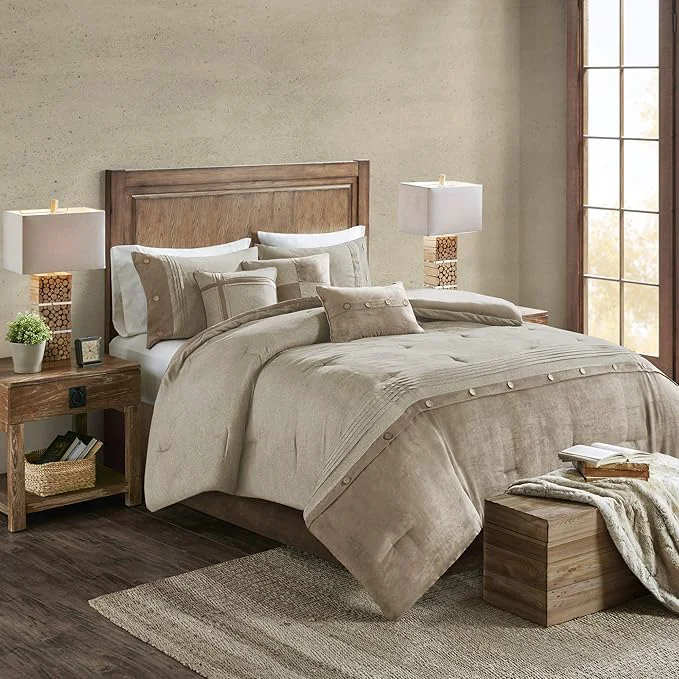 Modern Madison Park Boone Cozy Comforter Set Faux Suede Deluxe Hotel Styling All Season Down Bedding Matching Shams Decorative Pillow California King 104 in x 92in Rustic Tan 7 Piece High-Quality