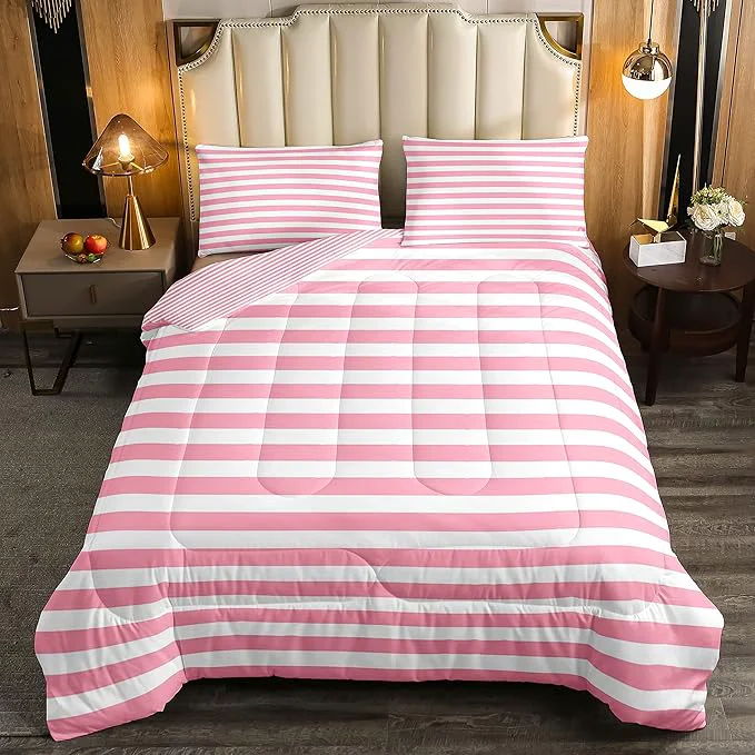 Selected Pink Striped Comforter Set for Kids Girls Red White Stripe Bedding Set Twin Farmhouse Ticking Stripes Women Reversible Down Comforter Decor Horizontal Stripes Geometric Lines Lightweight Duvet Set Trusted