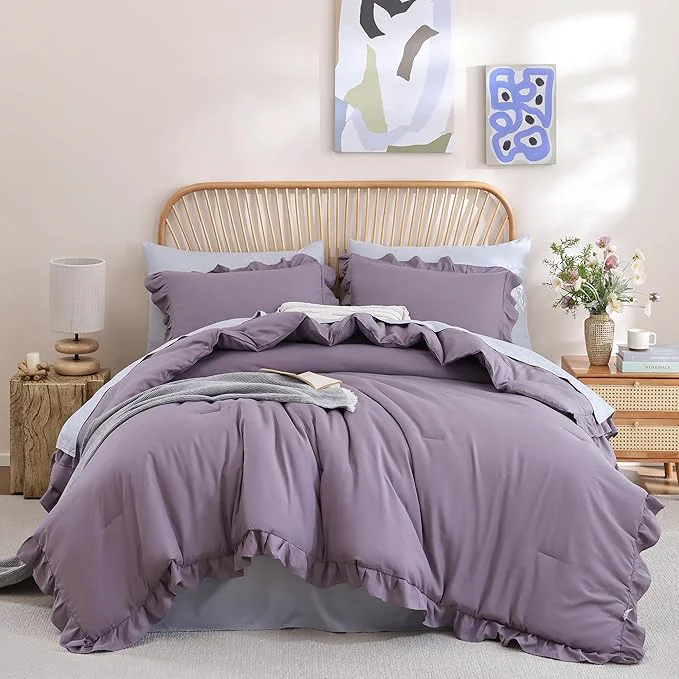 Certified JANZAA Twin Comforter Set Grayish Purple Ruffle Comforter with 1 Pillowcase Soft Twin Size Bed Set Vintage Farmhouse Bed Comforter Set Fluffy Shabby Chic Bedding for All Season Fast