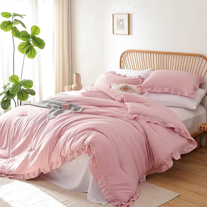 Easy-to-Use JANZAA Full Comforter Set Baby Pink Ruffle Comforter with 2 Pillowcase Soft Full Size Bed Set Vintage Farmhouse Bed Comforter Set Fluffy Shabby Chic Bedding for All Season Comfortable