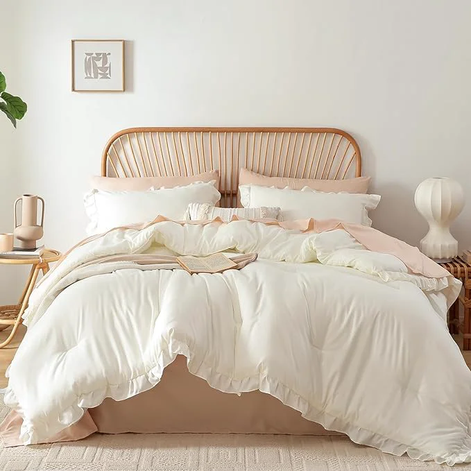 Clean JANZAA Queen Comforter Set Creamy White Ruffle Comforter with 2 Pillowcase Soft Queen Size Bed Set Vintage Farmhouse Bed Comforter Set Fluffy Shabby Chic Bedding for All Season Optimized