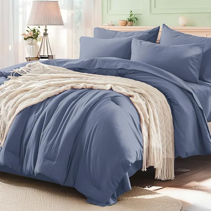 Authentic Anluoer Grayish Blue King Comforter Set 7 Pieces Bed in a Bag with Sheets All Season Bedding Sets with 1 Comforter 2 Pillow Shams 2 Pillowcases 1 Flat Sheet 1 Fitted Sheet Responsible