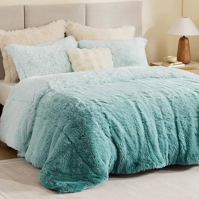 Organic Intelligent Design Brielle Long Shaggy Faux Fur Comforter Set Plush Reverse Trendy Ombre Design Modern Cozy All Season Bedding Matching Sham King Cal King 104 quot x90 quot Aqua 3 Piece Contemporary