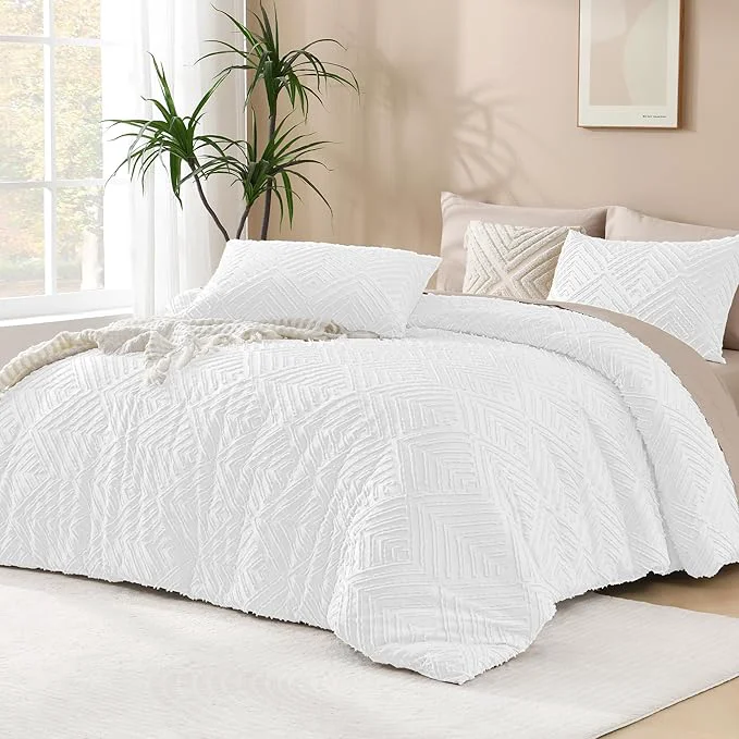 Environmentally Friendly Andency White Comforter Set Queen Size Boho Lightweight Fluffy Bedding Comforter Sets for Queen Bed 3 Pieces Tufted Farmhouse Shabby Chic Bed Set for All Seasons 1 Comforter 90x90In 2 Pillowcases Classic