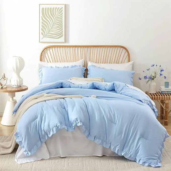 Premium Material JANZAA Ruffle Light Blue Comforter Set Full Size Comforter 3PCS 1 Emerald Comforter and 2 Pillowcases Vintage Farmhouse Shabby Chic Bedding Soft Fluffy Comforter Set All Season Light Blue Full Trusted