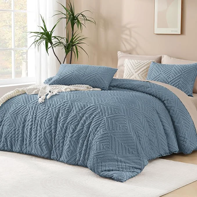 Reusable Andency Blue Comforter Set Full Size 3 Pieces Boho Lightweight Fluffy Bedding Comforter Set for Full Bed Tufted Farmhouse Design Bed Set for All Season 1 Comforter 79x90In 2 Pillowcases Minimalist