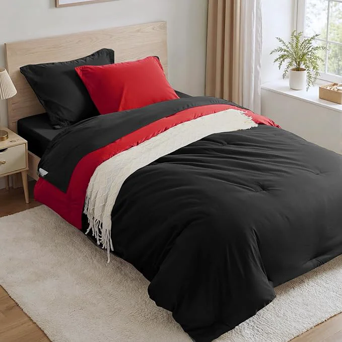 Reusable Anluoer Black and Red Twin Comforter Set 5 Pieces Bed in a Bag with Sheets All Season Bedding Sets with 1 Comforter 1 Pillow Sham 1 Pillowcase 1 Flat Sheet 1 Fitted Sheet Easy-to-Use