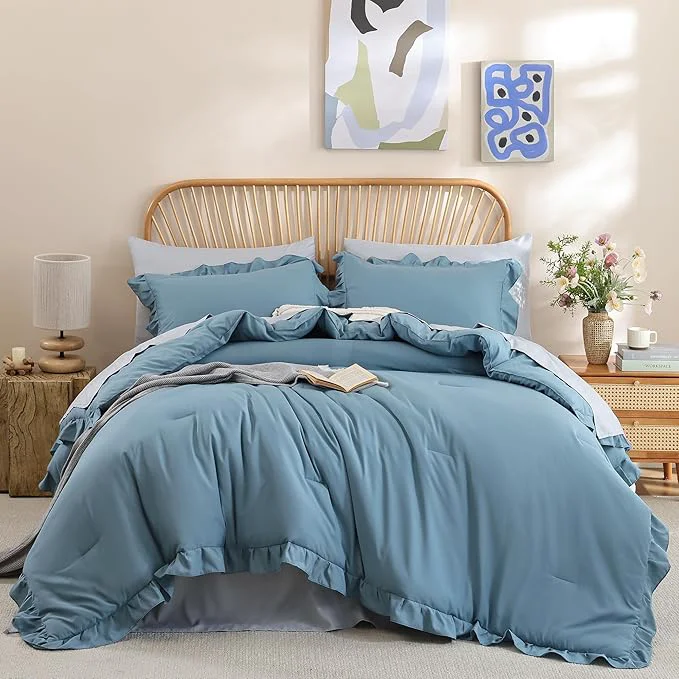 Convenient JANZAA King Size Comforter Set Mineral Blue Ruffle Comforter 3PCS Soft Fluffy Boho Comforter Vintage Farmhouse Bed Comforter Set Shabby Chic Bedding with 2 Pillowcases for All Season Prestigious