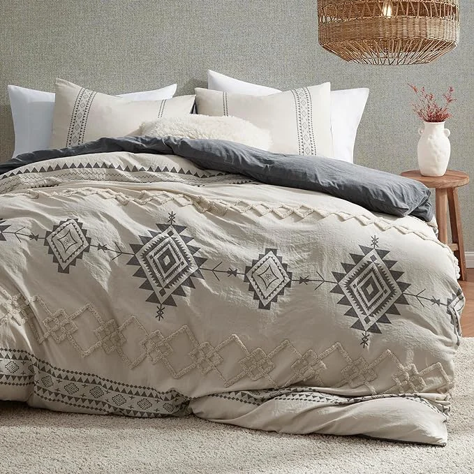 Trusted Oli Anderson Boho Duvet Cover Set King Size Beige and Gray Color Clash 3 Pieces Microfiber Bedding Set Durable and Super Soft Duvet Covers with Zipper and Ties 104 quot 90 quot High-End
