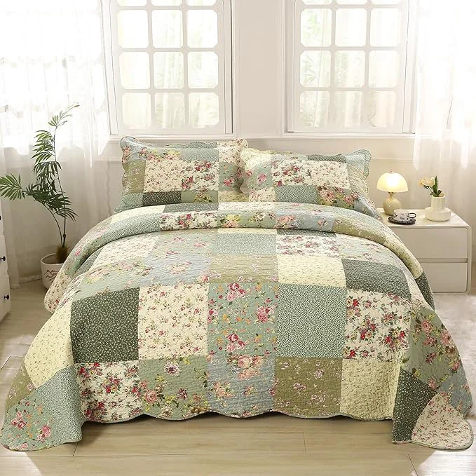 vctops Boho Patchwork Cotton Quilted Bedspread Quilt Set King Size 3 Pieces Soft Reversible Lightweight Coverlet Set Floral Print 1 Quilt and 2 Pillow Shams Green D King Proven