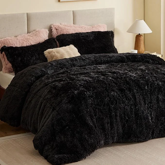 Artisan Intelligent Design Malea Shaggy Comforter Set Long Faux Fur Cozy Down Modern Casual Ultra Soft All Season Fluffy Bedding with Matching Sham King Cal King Black 3 Piece Smart