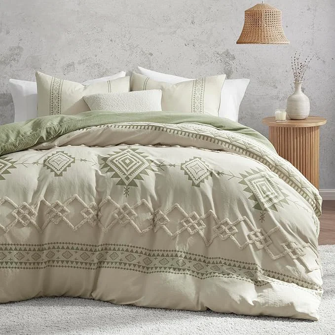 Detailed Oli Anderson Boho Duvet Cover Set King Size Beige and Sage Green Color Clash 3 Pieces Microfiber Bedding Set Durable and Super Soft Duvet Covers with Zipper and Ties 104 quot 90 quot Classic