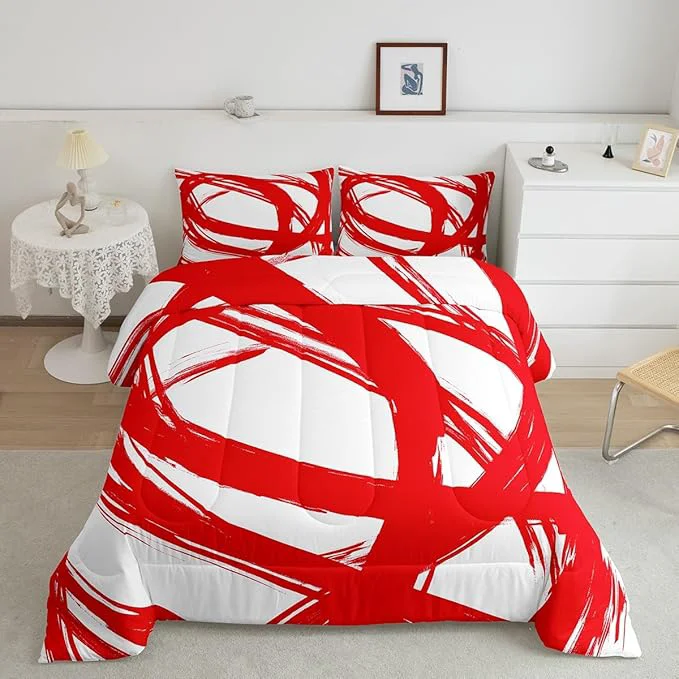 Natural Erosebridal Red and White Abstarct Toddler Bedding Set Aesthetic Geometric Comforter Set for Minimalists Graffiti Stripes Lines Quilt Contemporary Boho Modern Art Duvet Insert for Minimalism Elite