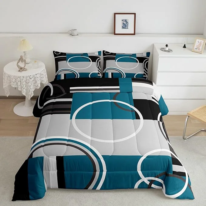 Elegant Erosebridal Modern Turquoise Decor Comforter Set Gray Black Blue Stripe Geometric Down Comforter Twin Size Retro Circle Swirls Bedding Set Modern Abstract Texture Color Art Duvet Set Natural