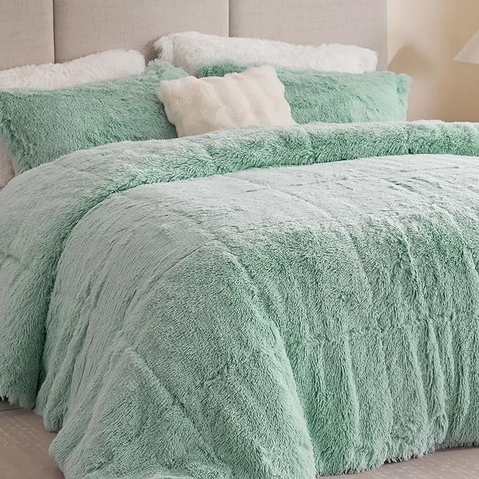 Relaxed Intelligent Design Malea Shaggy Comforter Set Long Faux Fur Cozy Down Modern Casual Ultra Soft All Season Fluffy Bedding with Matching Sham Full Queen Aqua 3 Piece Natural