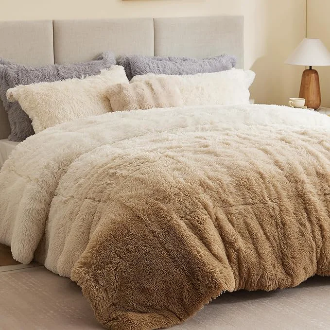 Prestigious Intelligent Design Long Shaggy Faux Fur Comforter Set Soft Plush Reverse Chic Ombre Design Queen Size Comforter Sets All Season Bedding Set Matching Sham Brielle Full Queen 90 quot x90 quot Natural Minimalist