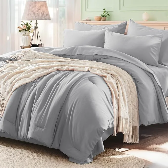 Practical Anluoer Light Grey California King Comforter Set 7 Pieces Bed in a Bag with Sheets All Season Bedding Sets with 1 Comforter 2 Pillow Shams 2 Pillowcases 1 Flat Sheet 1 Fitted Sheet Optimized