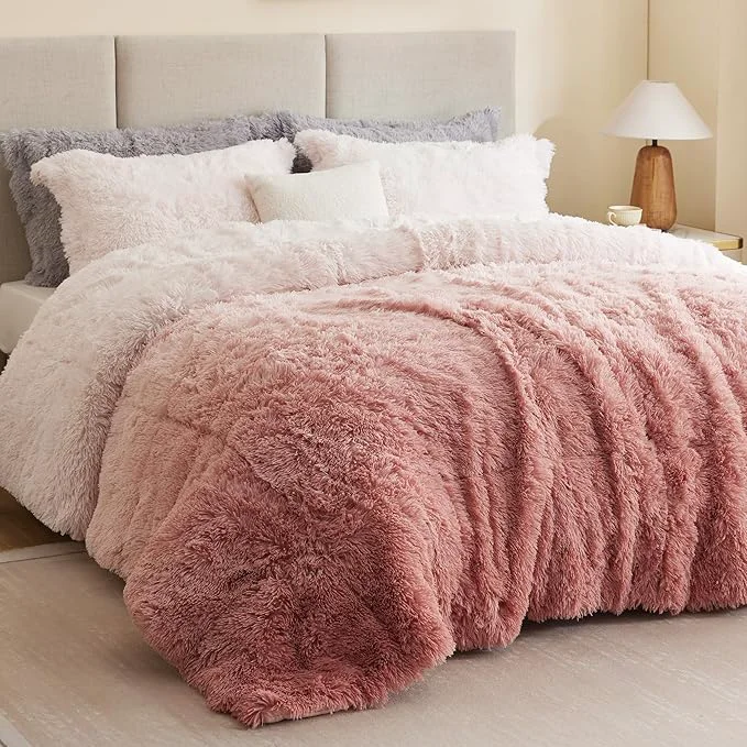 Traditional Intelligent Design Brielle Long Shaggy Faux Fur Comforter Set Plush Reverse Trendy Ombre Design Modern Cozy All Season Bedding Matching Sham Twin Twin XL 66 quot x90 quot Blush 2 Piece Refined