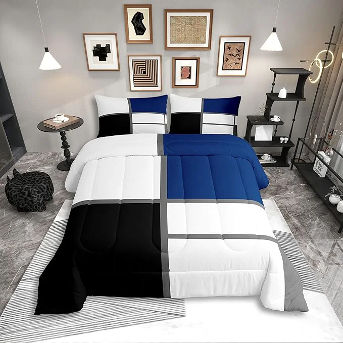 Convenient Erosebridal Geometric Abstract King Bedding Set Blue and White Striped Comforter Set for Adult Women Men Square Grid Bed Collections Modern Art Patchwork Duvet Quilt Sets for Minimalist Certified