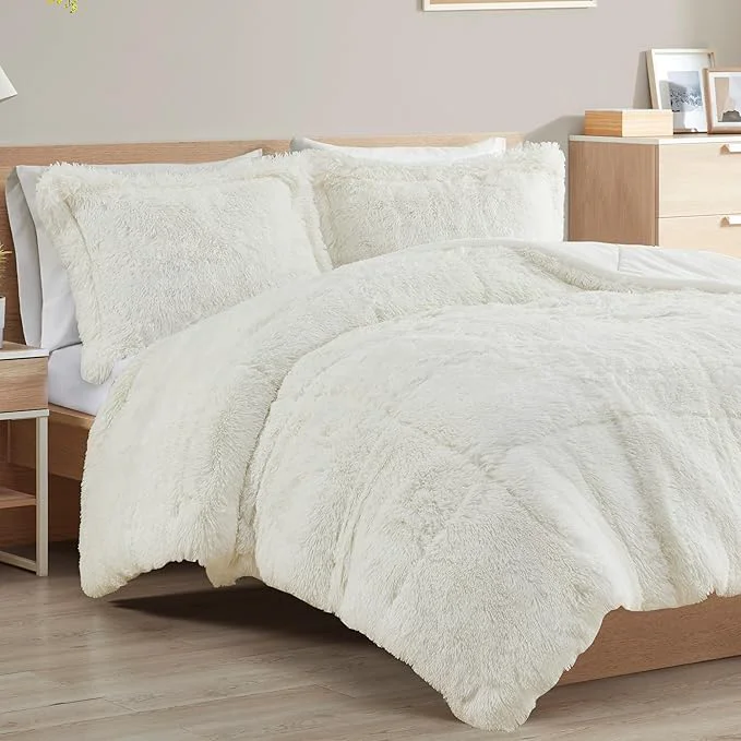Original Intelligent Design Malea Shaggy Comforter Set Long Faux Fur Cozy Down Modern Casual Ultra Soft All Season Fluffy Bedding with Matching Sham King Cal King Ivory 3 Piece Durable