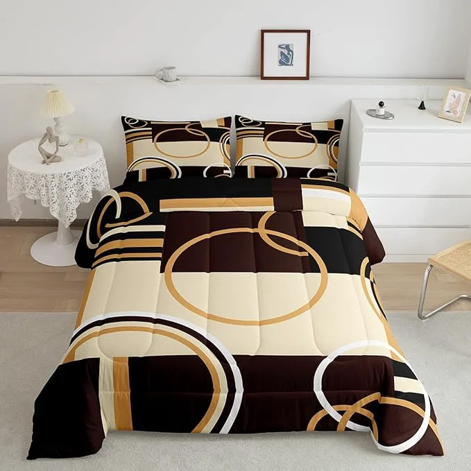 Stylish Erosebridal Modern Geometric Comforter Set King Size Brown Black Stripes Down Comforter for Kids Adult Retro Circle Swirls Bedding Set Bedroom Decor Abstract Texture Color Art Comforter Long-Lasting