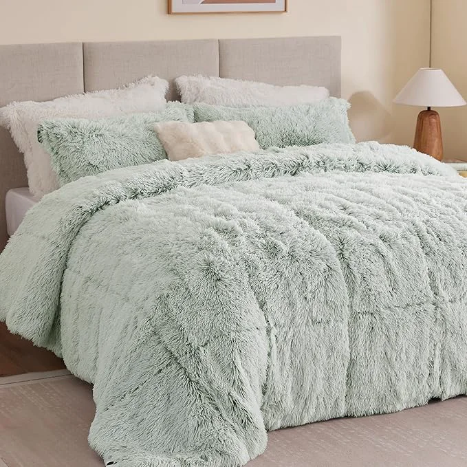 First-Class Intelligent Design Queen Comforter Set Fur-Like Shaggy Comforters for Queen Size Bed Warm Fuzzy Bedding All Season Luxurious Comforters Queen Size Bed Set Malea Full Queen Green White 3 Piece Optimized