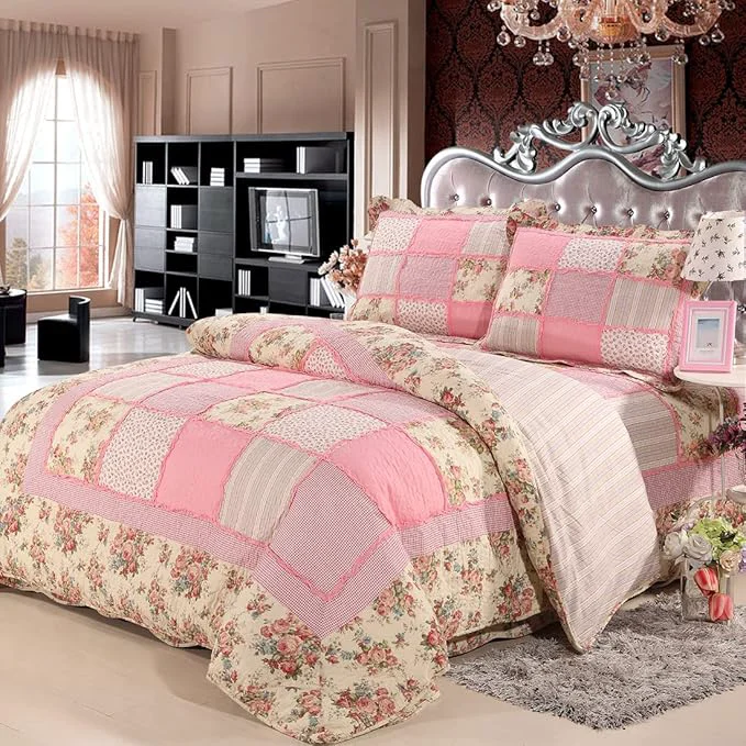 Lightweight vctops 3 Piece Patchwork Floral Quilted Bedspread Quilt Set Cotton Boho Ruffles Reversible Coverlet Set 1 Quilt and 2 Pillow Shams Pink Queen High-Quality