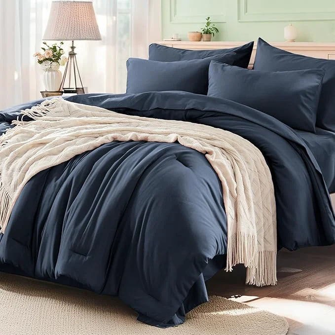 Breathable Anluoer Navy Blue King Comforter Set 7 Pieces Bed in a Bag with Sheets All Season Bedding Sets with 1 Comforter 2 Pillow Shams 2 Pillowcases 1 Flat Sheet 1 Fitted Sheet Stylish