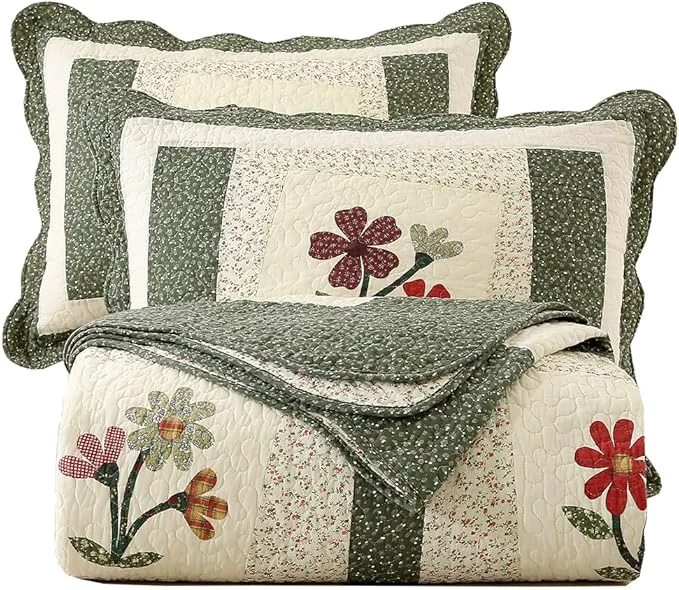 Smooth vctops Farmhouse Green 3 Piece Embroidered Floral Quilted Bedspread Quilt Set Cotton Reversible Patchwork Coverlet Set 1 Quilt and 2 Pillow Shams Green King Authentic