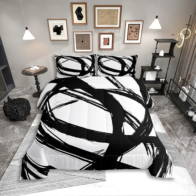 Crafted Black and White Abstarct Comforter Set Twin Size for Kids Boys Girs Graffiti Stripes Lines Bedding Set Aesthetic Geometric Duvet Insert for Minimalists Contemporary Boho Modern Art Quilt High-End