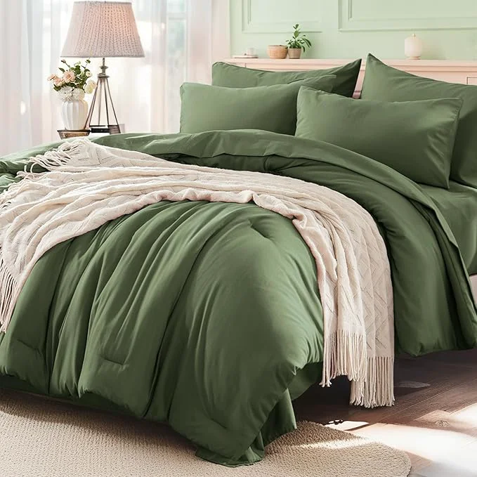 Official Anluoer Full Comforter Set 7 Pieces Olive Green Bed in a Bag with Sheets All Season Bedding Sets with 1 Comforter 2 Pillow Sham 2 Pillowcase 1 Flat Sheet 1 Fitted Sheet Secure