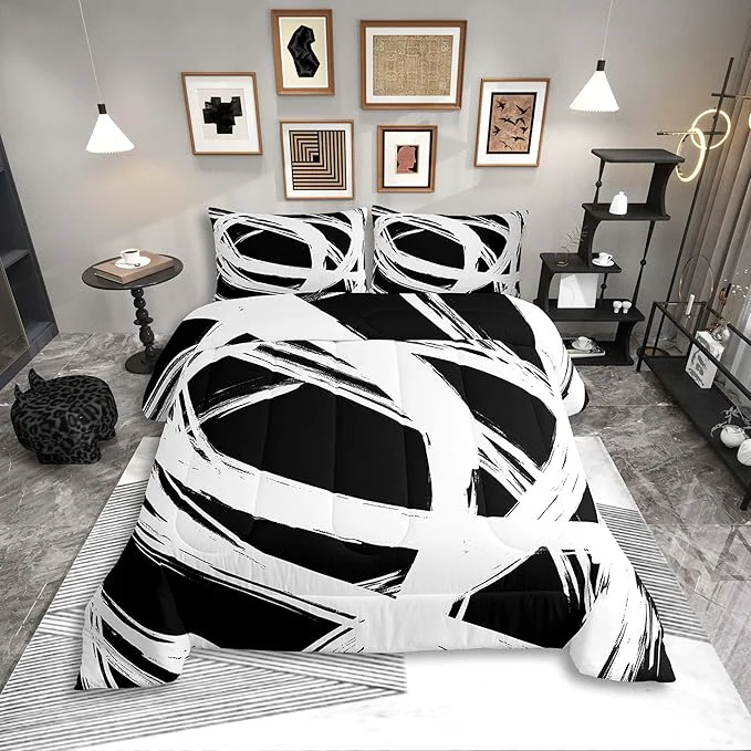 Certified Erosebridal White and Black Striped King Bedding Set for Kids Teens Adults Geometric Striped Comforter Set for Minimalists Graffiti Aesthetic Lines Duvet Insert Contemporary Boho Modern Art Quilt Eco-Friendly
