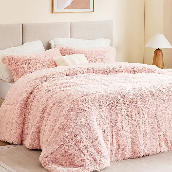 Durable Intelligent Design Malea Shaggy Comforter Set Long Faux Fur Cozy Down Modern Casual Ultra Soft All Season Fluffy Bedding with Matching Sham Full Queen Blush 3 Piece Convenient