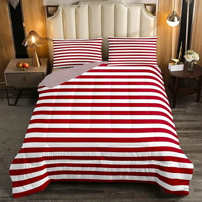 Original Girl Stripe Comforter Set King Size Red White Ticking Stripes Bedding Set Bedroom Decor Horizontal Striped Lines Reversible Down Comforter for Kids Women Modern Abstract Soft Lightweight Duvet Set Solid