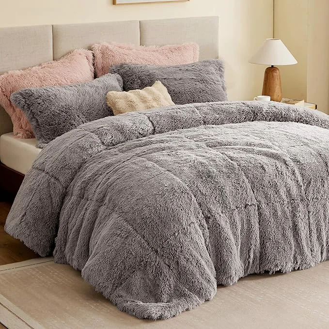 Lightweight Intelligent Design Malea Shaggy Comforter Set Long Faux Fur Cozy Down Modern Casual Ultra Soft All Season Fluffy Bedding with Matching Sham Twin Twin XL Grey 2 Piece Natural