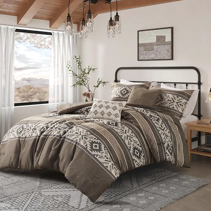 Classic Madison Park Queen Comforter Set Stripes Herringbone Southwestern Boho Comforters Queen Size All Season Lightweight amp Fluffy Microfiber Bed Set 2 Décor Pillows Mariposa Full Queen Brown 5 Piece Authentic
