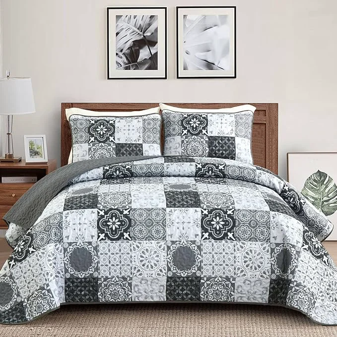 Smart Dobuyly Grey Black Quilt Set California King Size Boho Plaid Patchwork Bedspreads Coverlet Set 3 Pieces Soft Lightweight Microfiber Farmhouse Cal King Quilt Bedding Set for All Seasons 112 quot x96 quot Easy-to-Use