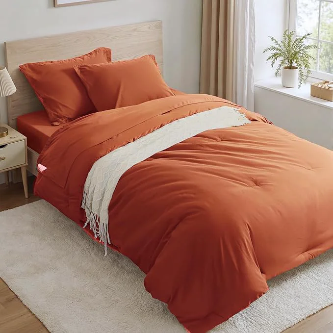 Reusable Anluoer Burnt Orange Twin Comforter Set 5 Pieces Bed in a Bag with Sheets All Season Bedding Sets with 1 Comforter 1 Pillow Sham 1 Pillowcase 1 Flat Sheet 1 Fitted Sheet Durable
